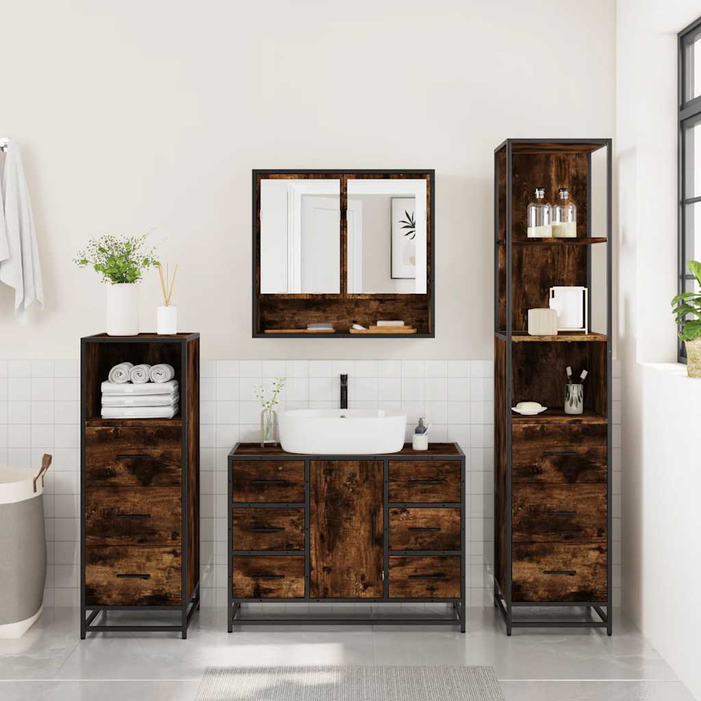 vidaXL 4 Piece Bathroom Furniture Set Smoked Oak Engineered Wood