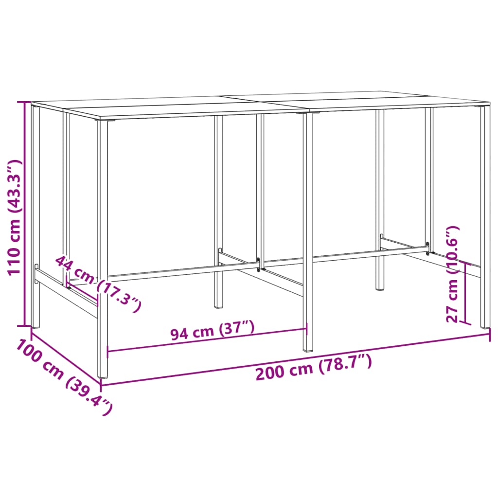 vidaXL Bar Table Black 200x100x110 cm Powder-coated Steel