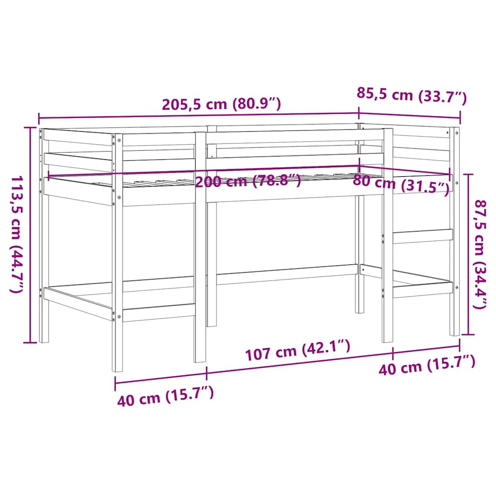 vidaXL Kids' Loft Bed without Mattress with Ladder Wax Brown 80x200 cm