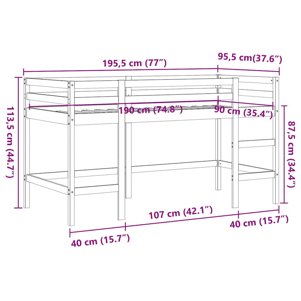 vidaXL Kids'Loft Bed without Mattress with Ladder Wax Brown 90x190 cm