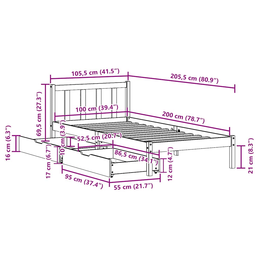 vidaXL Bed Frame without Mattress Wax Brown 100x200 cm Solid Wood Pine