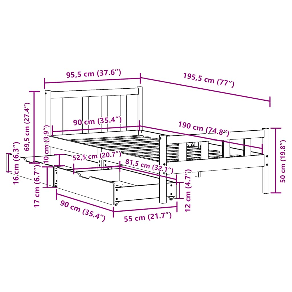 vidaXL Bed Frame without Mattress 90x190 cm Single Solid Wood Pine