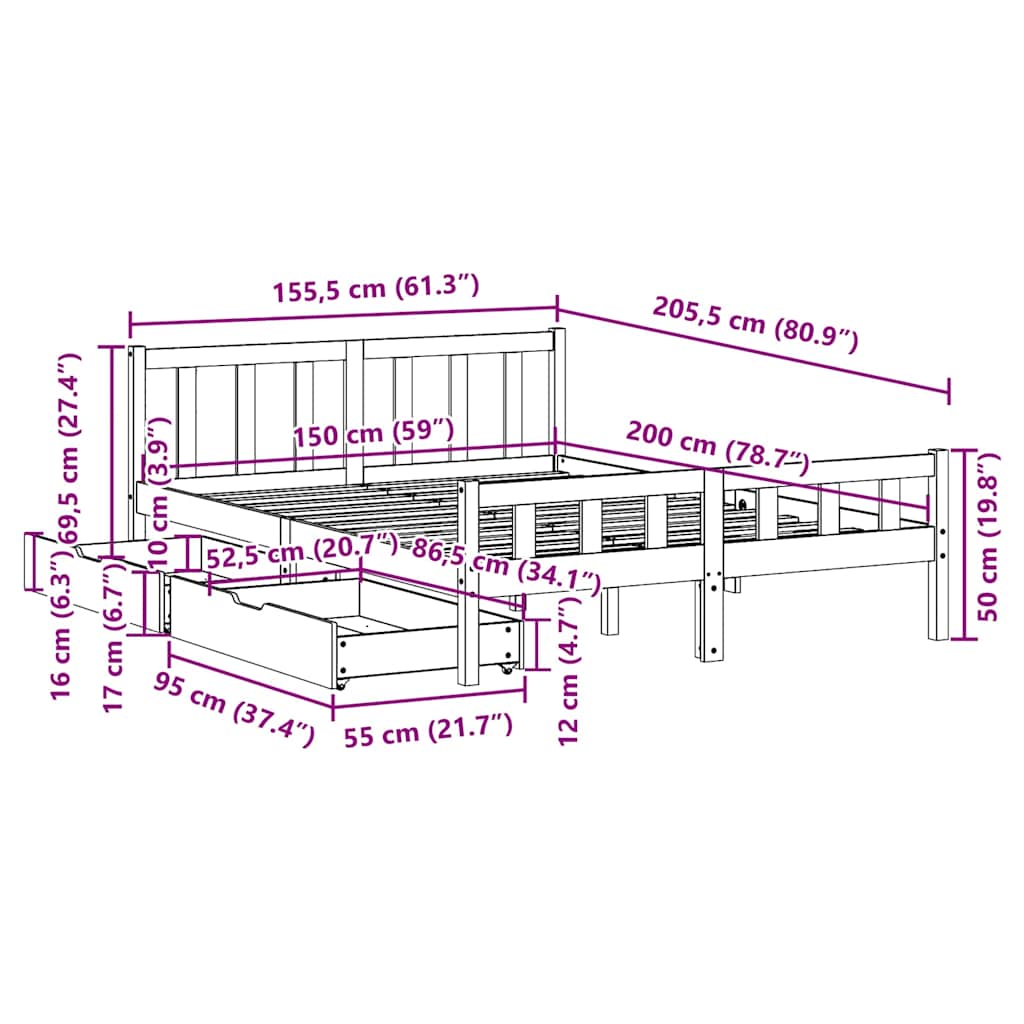 vidaXL Bed Frame without Mattress White 150x200 cm King Size Solid Wood Pine