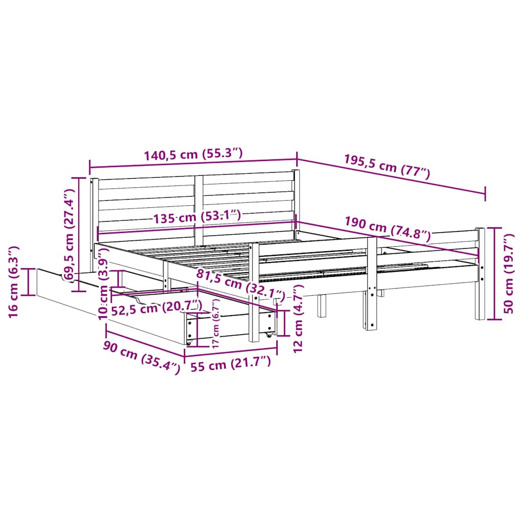 vidaXL Bed Frame without Mattress White 135x190 cm Double Solid Wood Pine