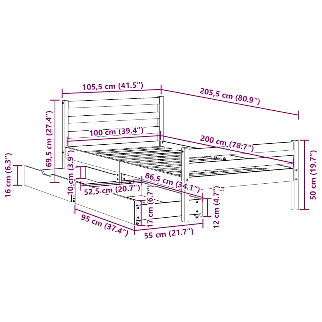 vidaXL Bed Frame without Mattress White 100x200 cm Solid Wood Pine