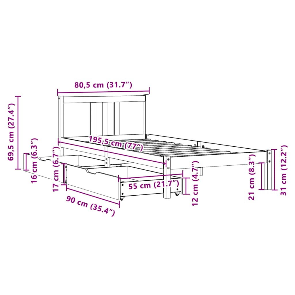 vidaXL Bed Frame without Mattress 75x190 cm Small Single Solid Wood Pine