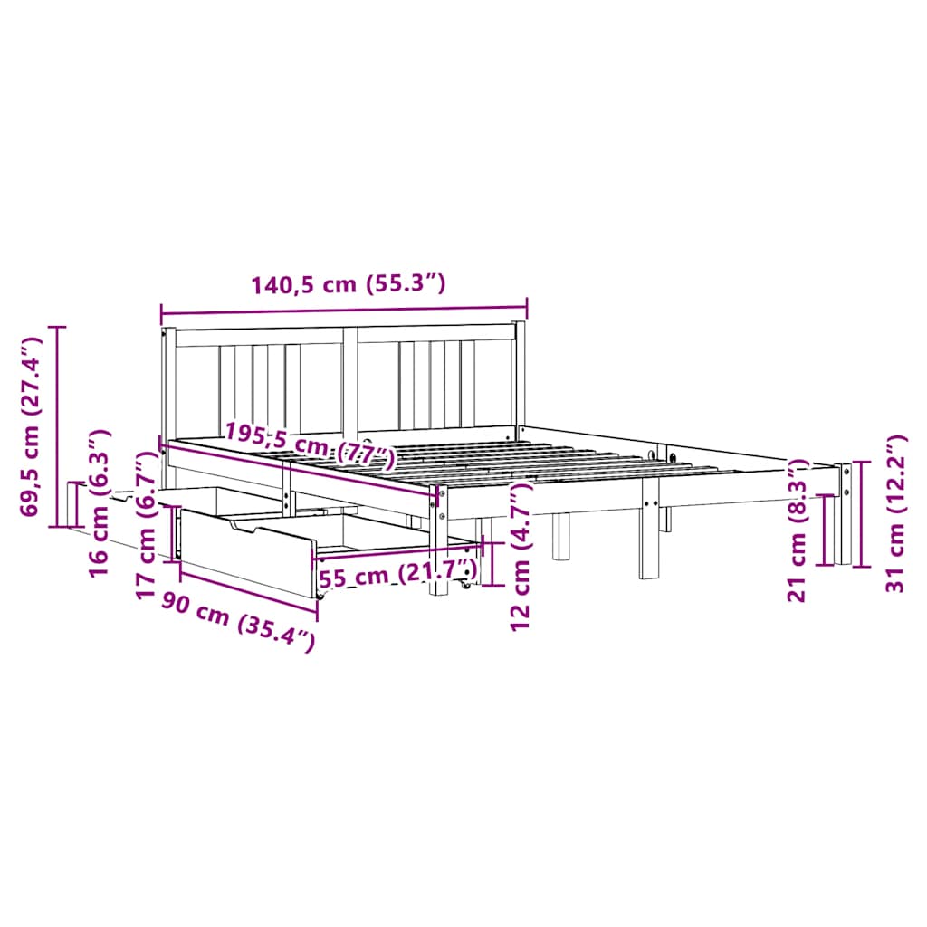 vidaXL Bed Frame without Mattress 135x190 cm Double Solid Wood Pine