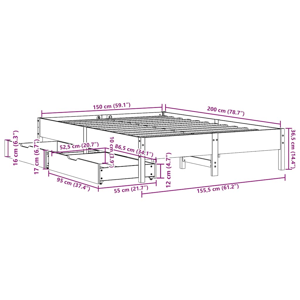 vidaXL Bed Frame without Mattress White 150x200 cm King Size Solid Wood Pine