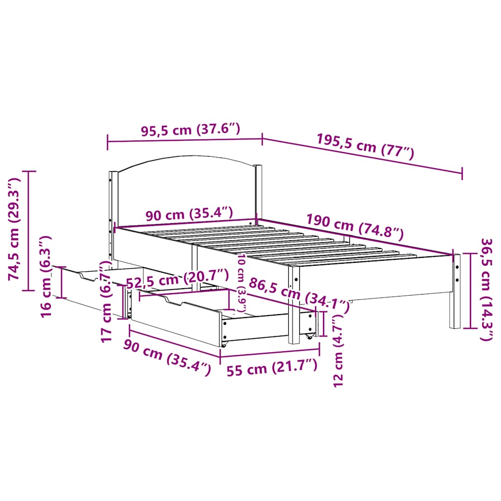 vidaXL Bed Frame without Mattress Wax Brown 90x190 cm Single Solid Wood Pine