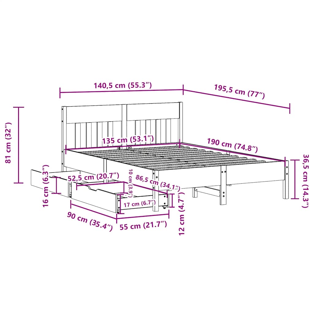 vidaXL Bed Frame without Mattress Wax Brown 135x190 cm Double Solid Wood Pine