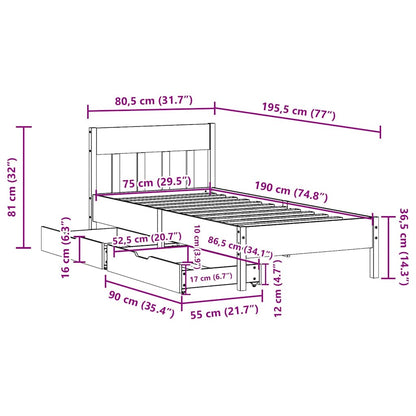 vidaXL Bed Frame without Mattress Wax Brown 75x190 cm Small Single Solid Wood Pine