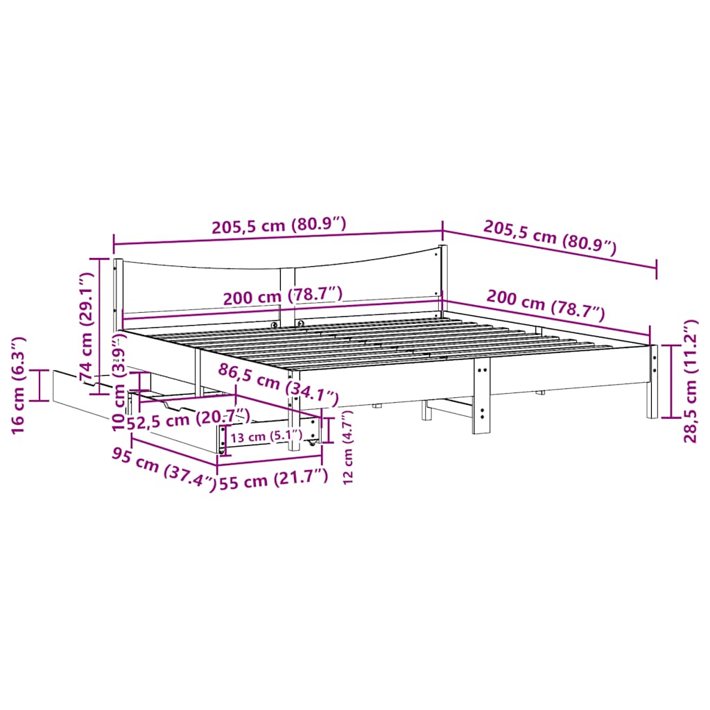 vidaXL Bed Frame with Drawers White 200x200 cm Solid Wood Pine