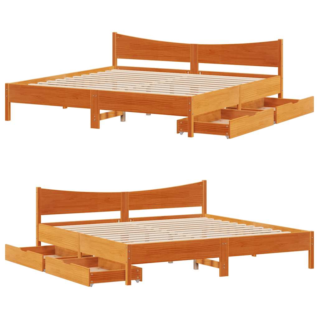 vidaXL Bed Frame with Drawers Wax Brown 180x200 cm Super King Solid Wood Pine