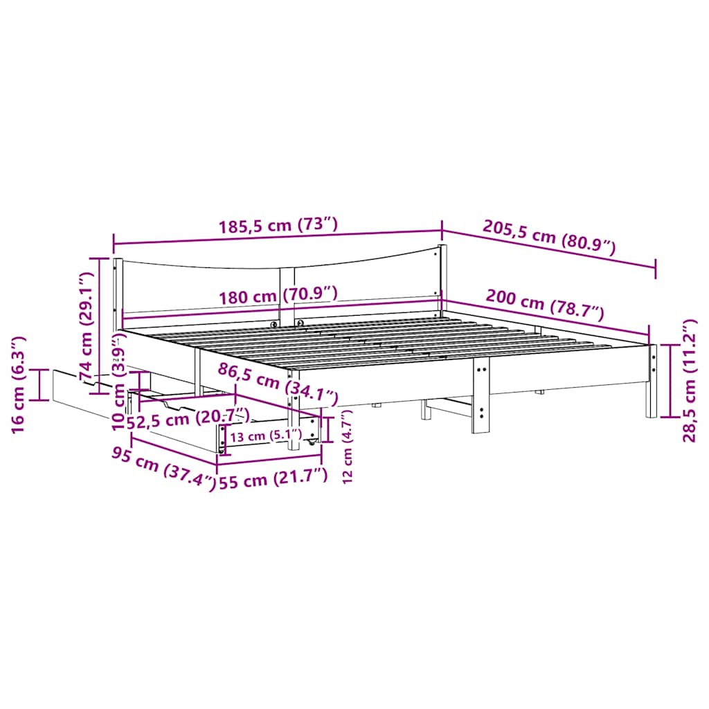 vidaXL Bed Frame with Drawers Wax Brown 180x200 cm Super King Solid Wood Pine