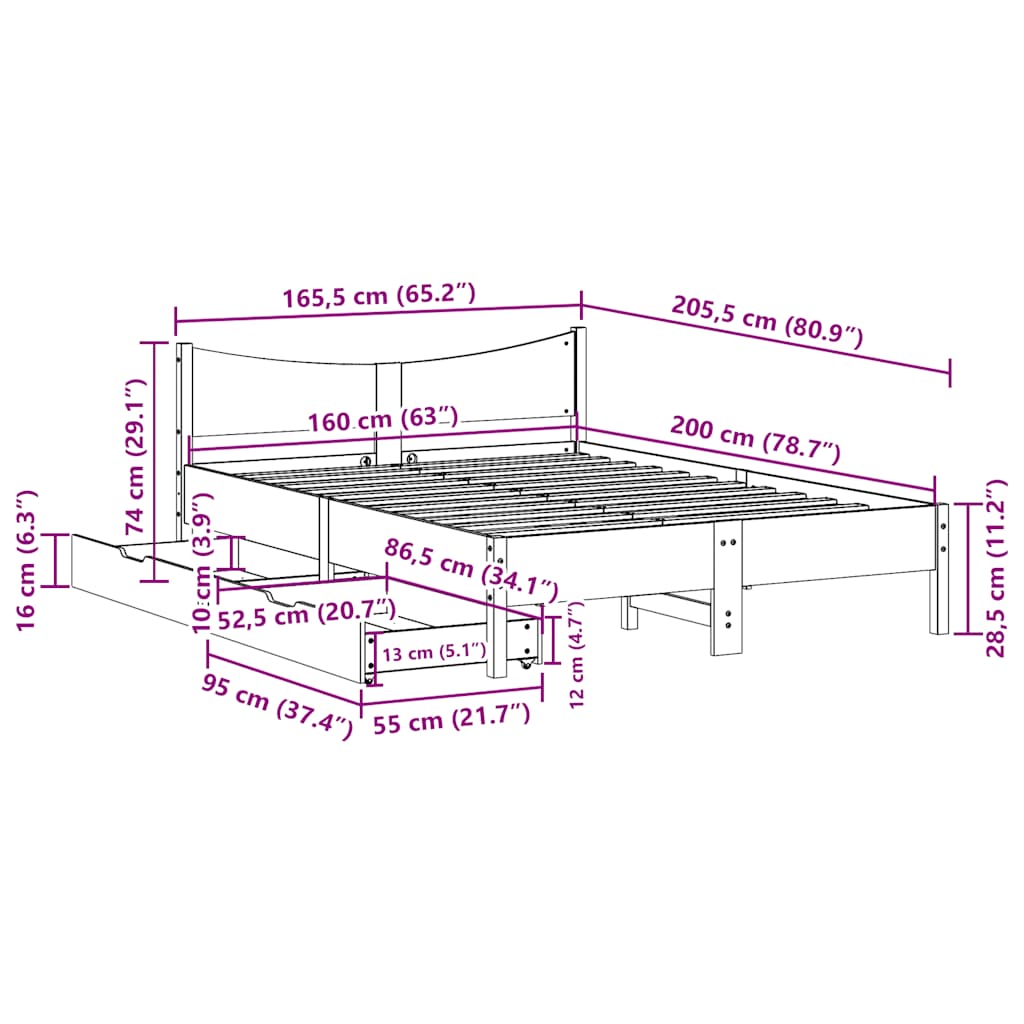 vidaXL Bed Frame with Drawers Wax Brown 160x200 cm Solid Wood Pine