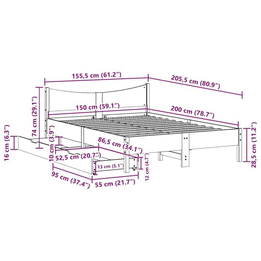 vidaXL Bed Frame with Drawers White 150x200 cm King Size Solid Wood Pine