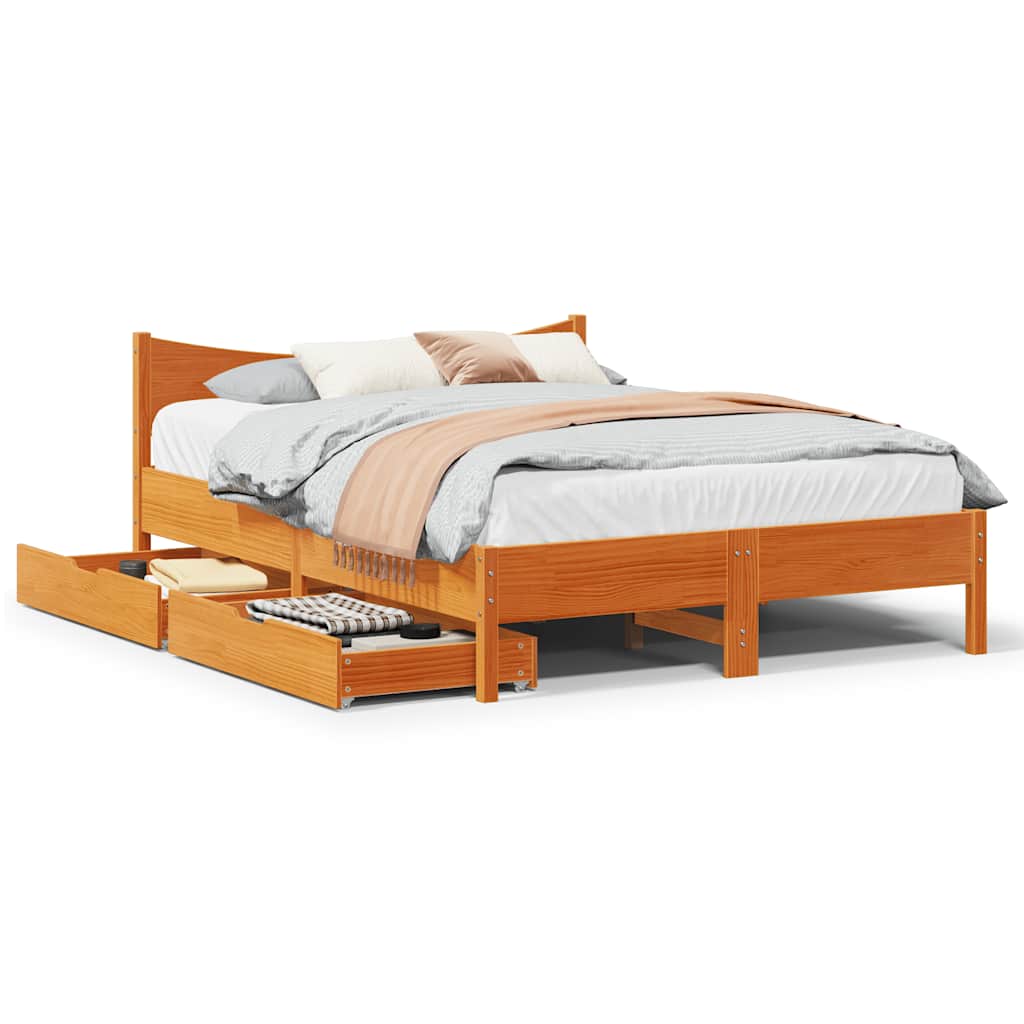 vidaXL Bed Frame with Drawers Wax Brown 140x190 cm Solid Wood Pine