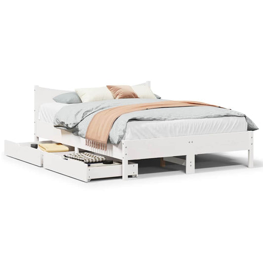 vidaXL Bed Frame with Drawers White 135x190 cm Double Solid Wood Pine