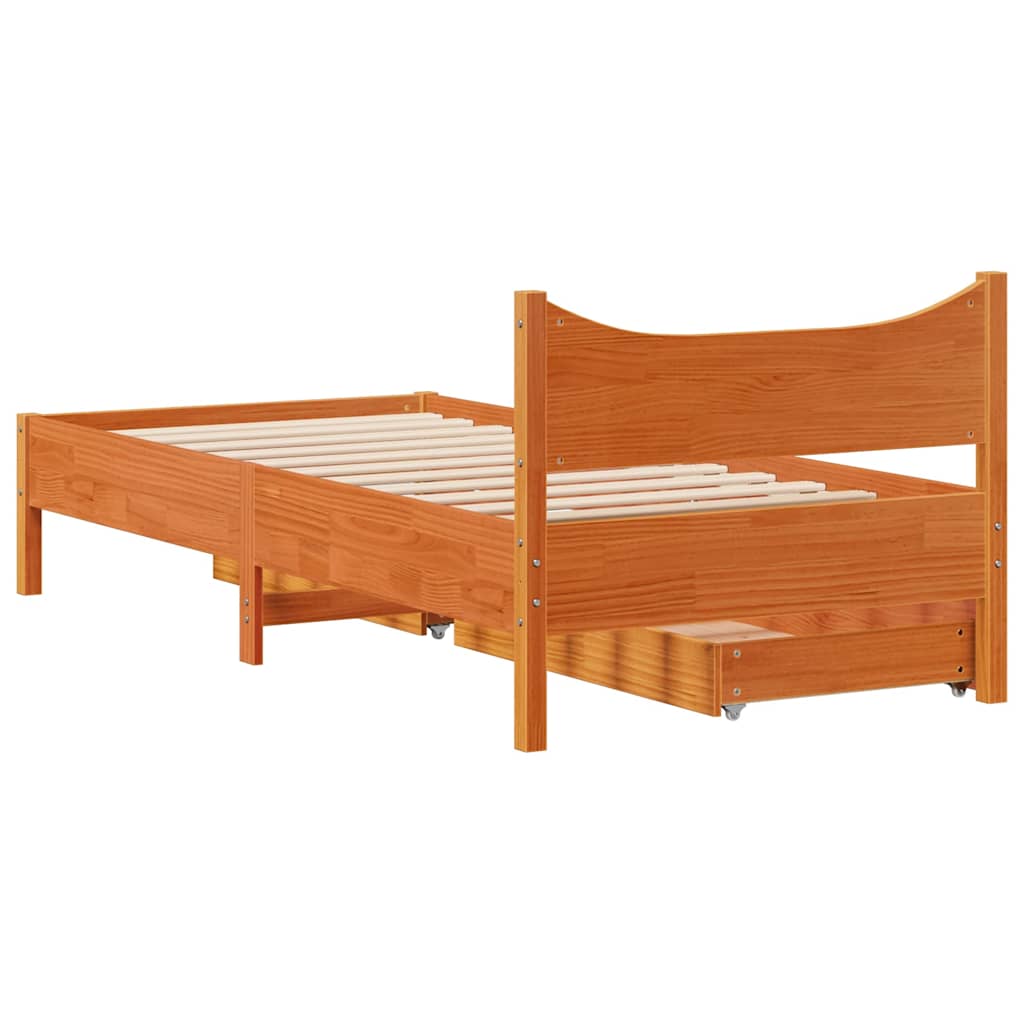 vidaXL Bed Frame with Drawers Wax Brown 75x190 cm Small Single Solid Wood Pine