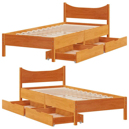 vidaXL Bed Frame with Drawers Wax Brown 75x190 cm Small Single Solid Wood Pine