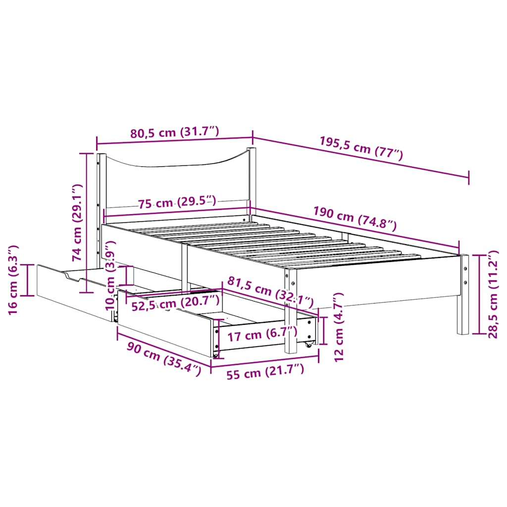 vidaXL Bed Frame with Drawers Wax Brown 75x190 cm Small Single Solid Wood Pine