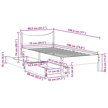 vidaXL Bed Frame with Drawers Wax Brown 75x190 cm Small Single Solid Wood Pine