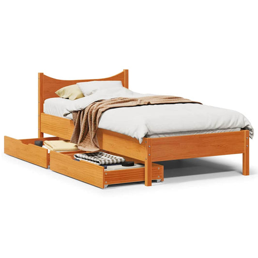 vidaXL Bed Frame with Drawers Wax Brown 75x190 cm Small Single Solid Wood Pine