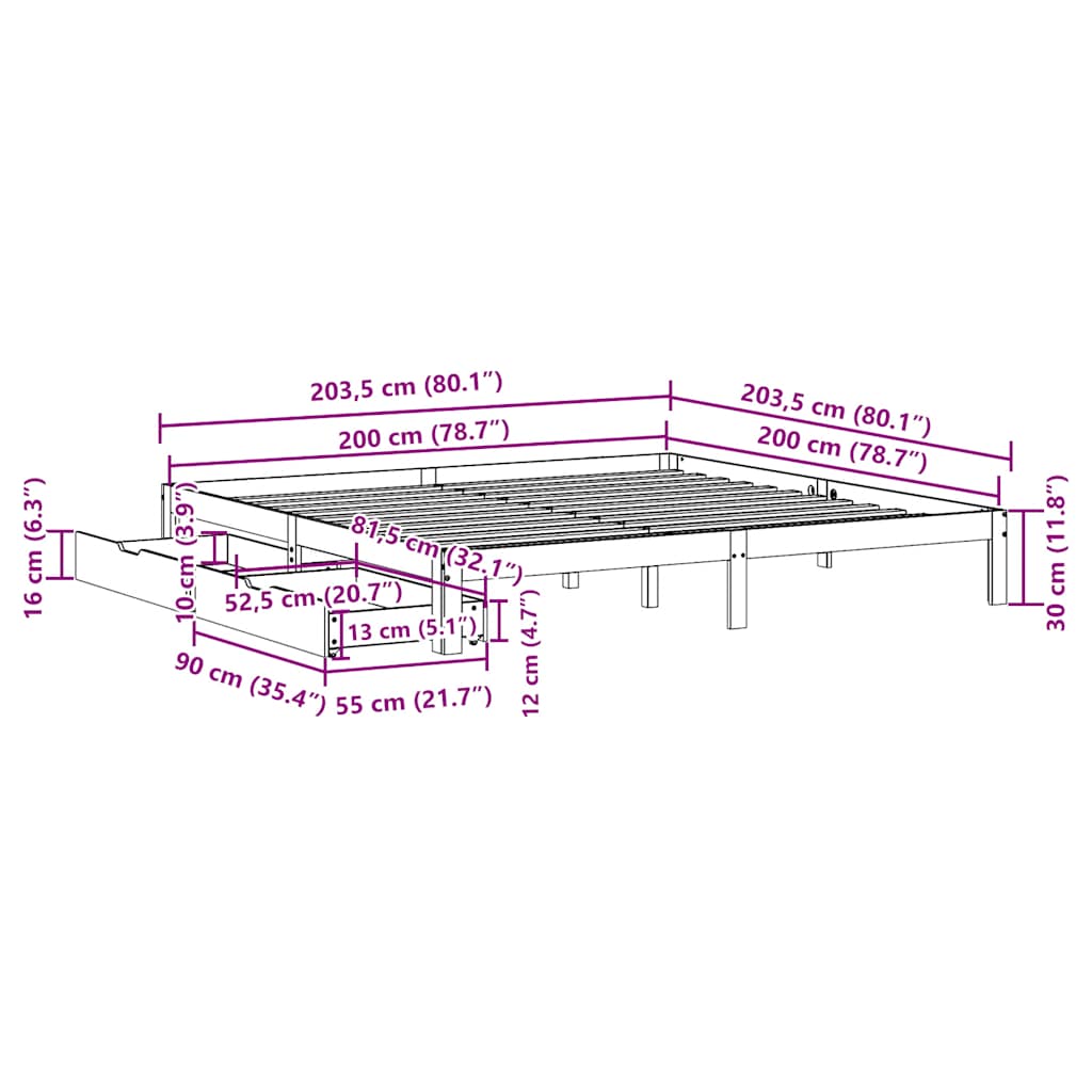 vidaXL Bed Frame with Drawers without Mattress White 200x200 cm