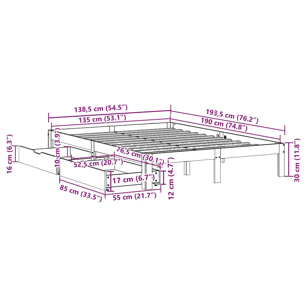 vidaXL Bed Frame with Drawers without Mattress Wax Brown 135x190 cm Double