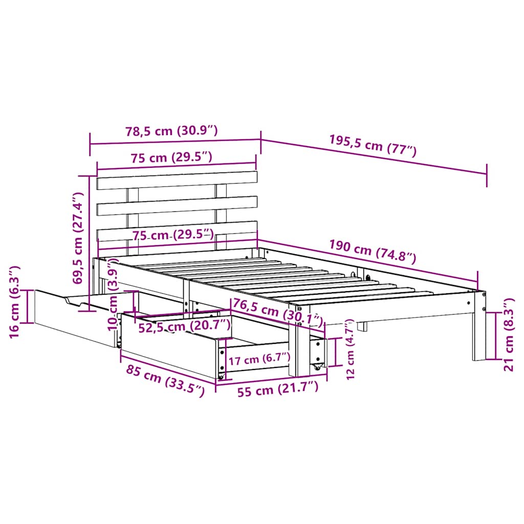 vidaXL Bed Frame with Drawers without Mattress White75x190 cm