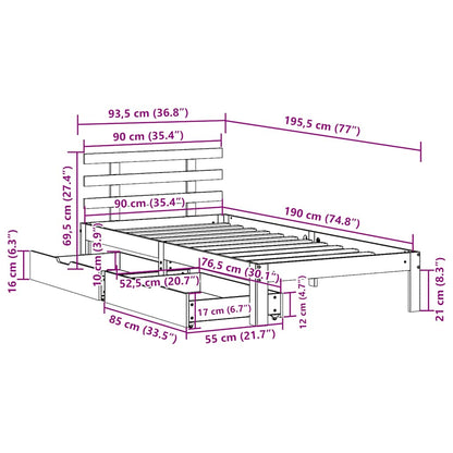 vidaXL Bed Frame with Drawers without Mattress White90x190 cm Single