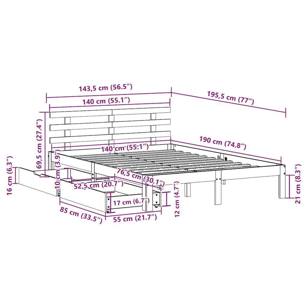 vidaXL Bed Frame with Drawers without Mattress White 140x190 cm