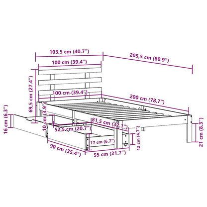 vidaXL Bed Frame with Drawers without Mattress White 100x200 cm