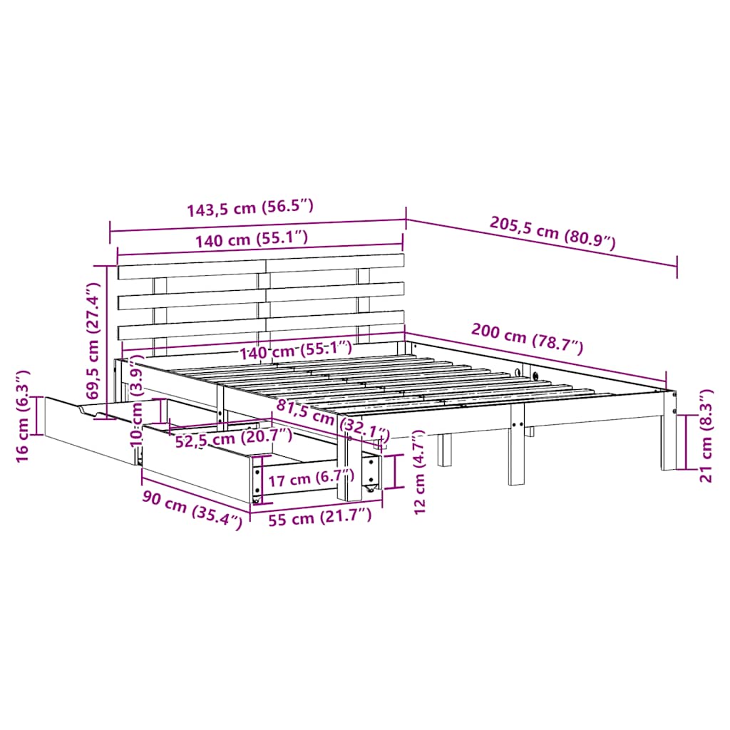 vidaXL Bed Frame with Drawers without Mattress 140x200 cm