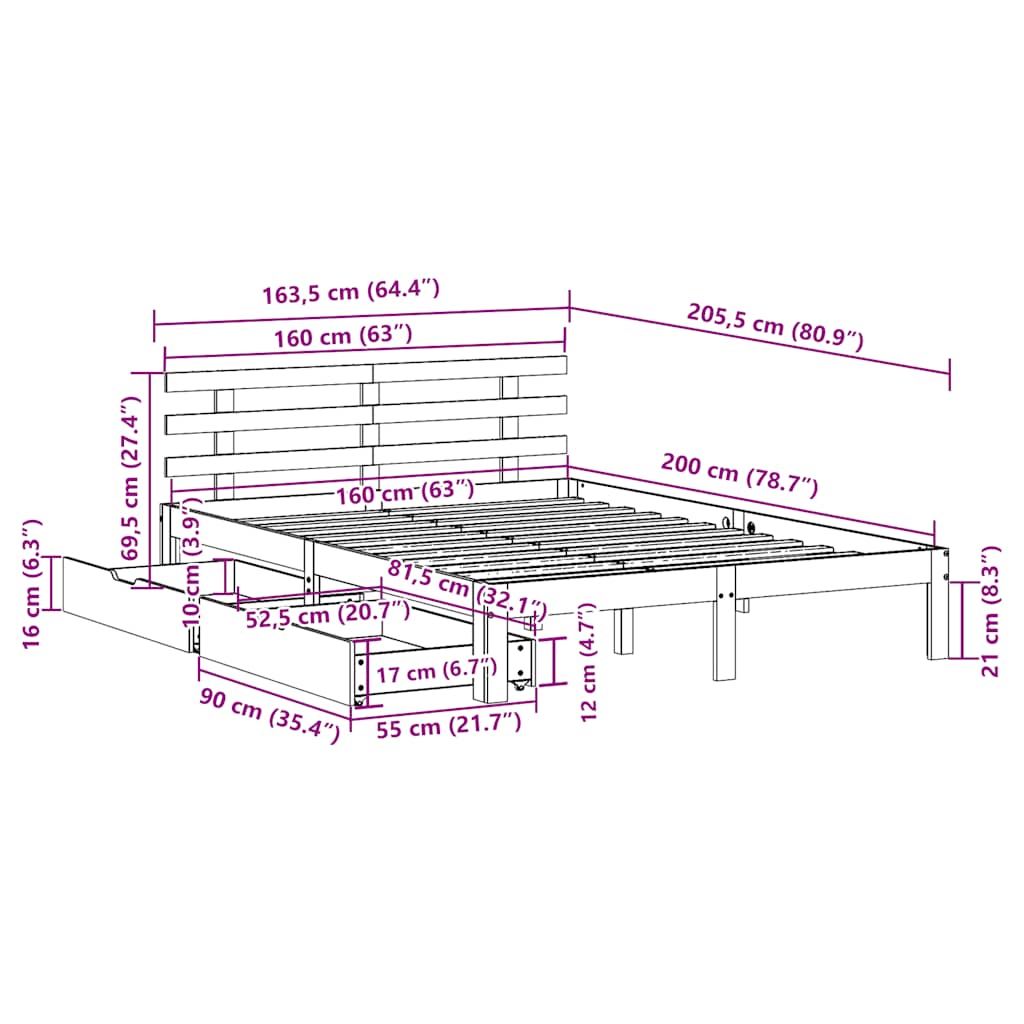 vidaXL Bed Frame with Drawers without Mattress 160x200 cm