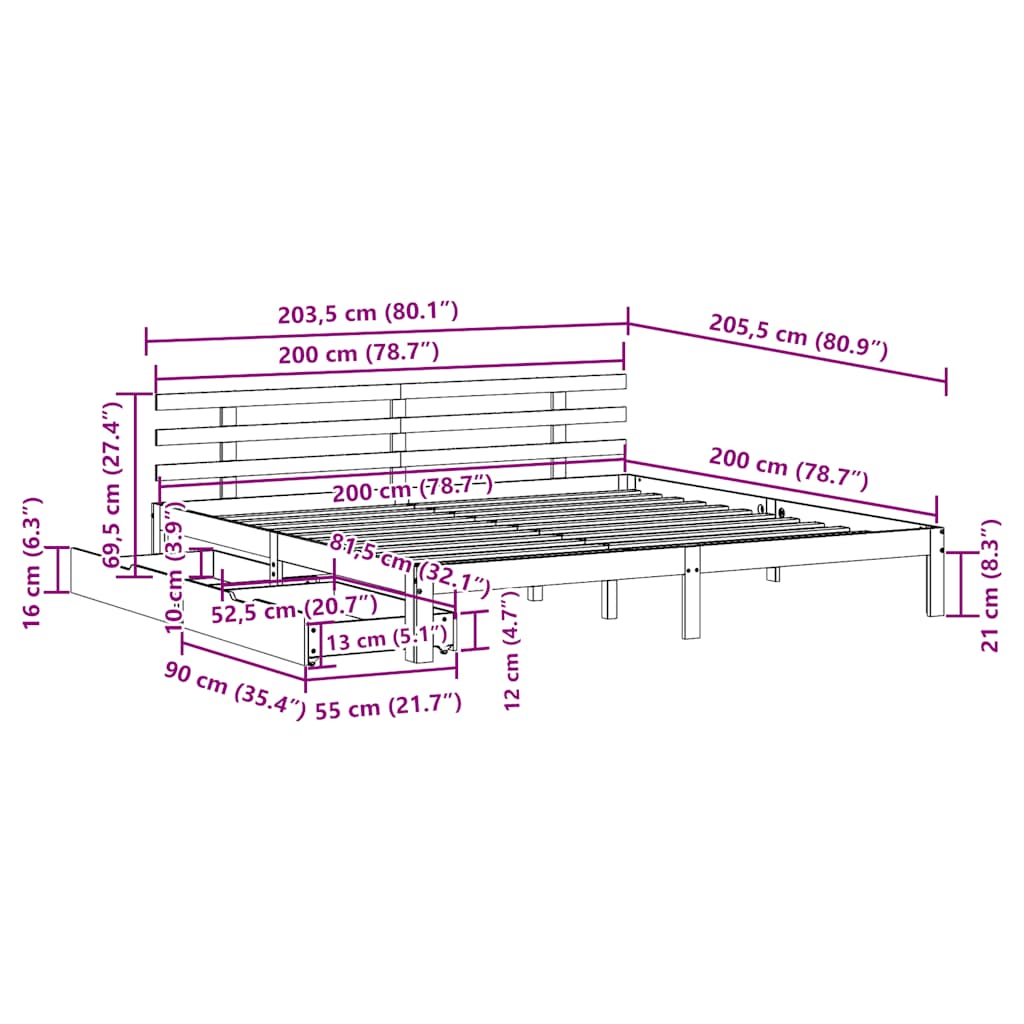 vidaXL Bed Frame with Drawers without Mattress 200x200 cm
