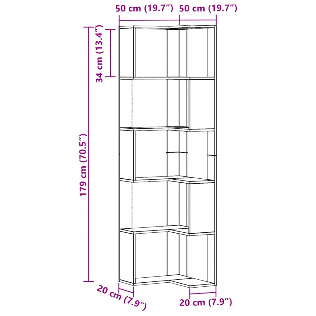 vidaXL Corner Bookcase 5-Tier Artisian Oak 50x50x179 cm Engineered Wood
