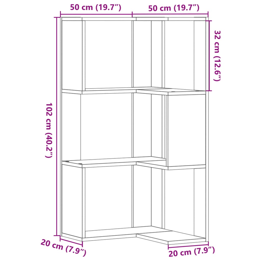 vidaXL Corner Bookcase 3-Tier Smoked Oak 50x50x102 cm Engineered Wood