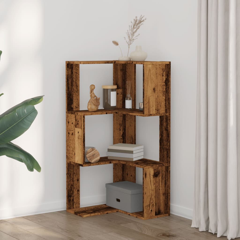 vidaXL Corner Bookcase 3-Tier Old Wood 50x50x102 cm Engineered Wood