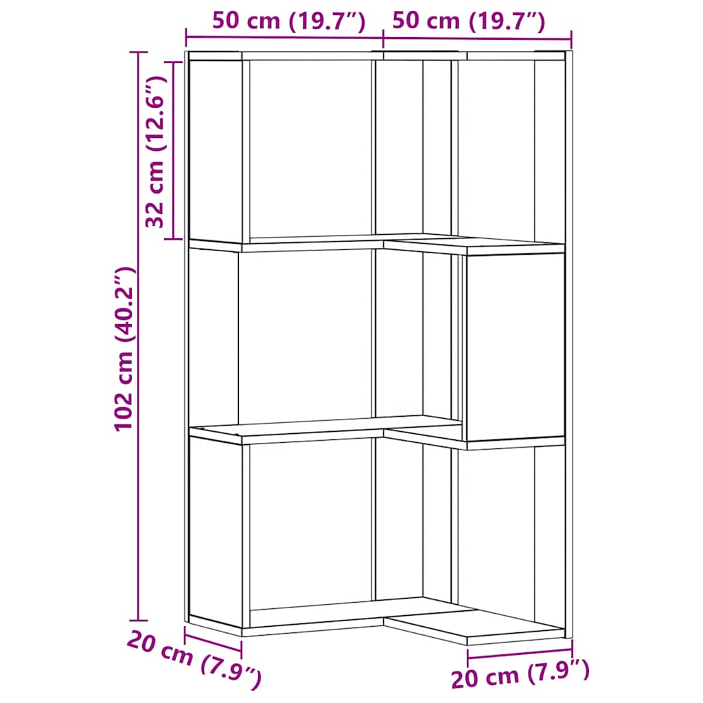 vidaXL Corner Bookcase 3-Tier Artisian Oak 50x50x102 cm Engineered Wood