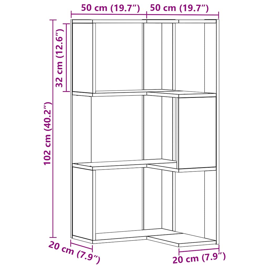 vidaXL Corner Bookcase 3-Tier Artisian Oak 50x50x102cm Engineered Wood