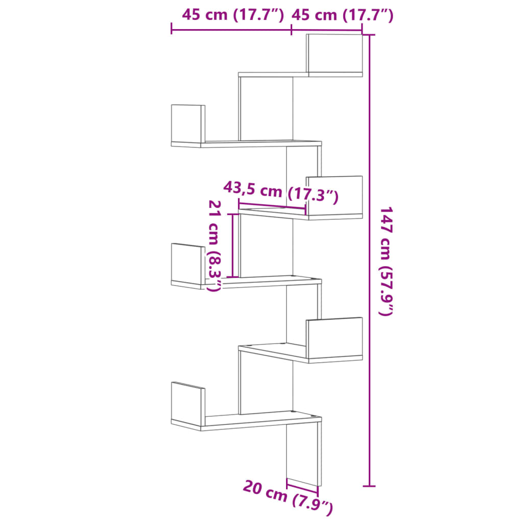 vidaXL Wall Corner Shelf Concrete Grey 45x45x147 cm Engineered Wood