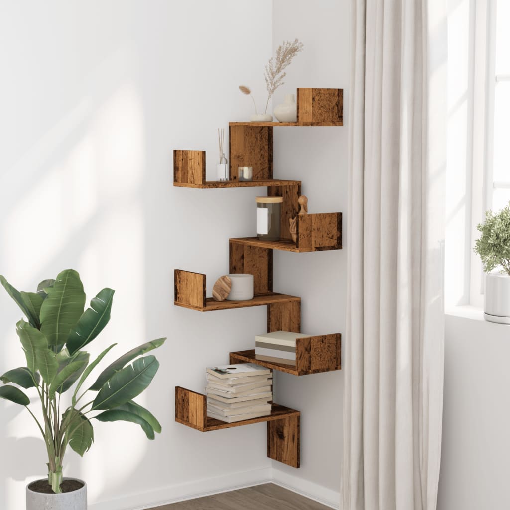 vidaXL Wall Corner Shelf Old Wood 45x45x147 cm Engineered Wood