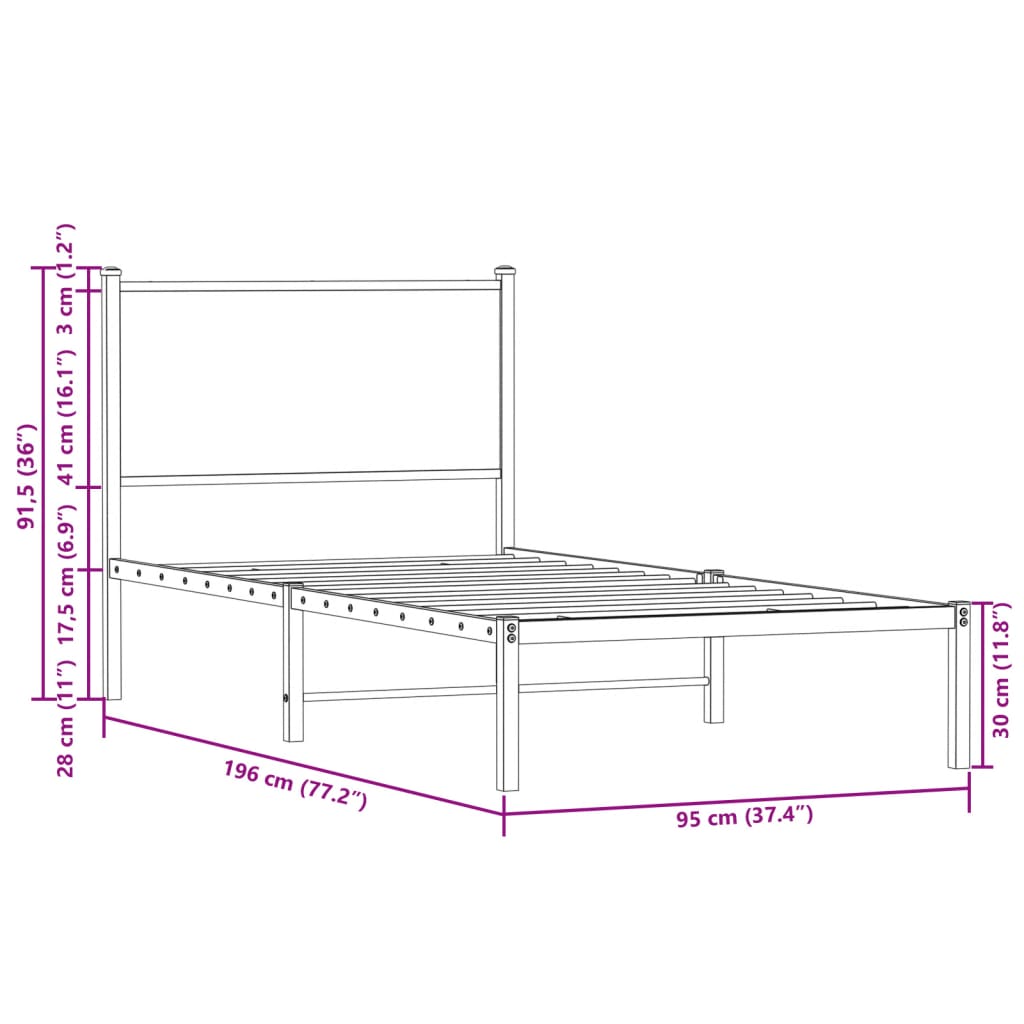vidaXL Metal Bed Frame without Mattress Smoked Oak 90x190 cm Single