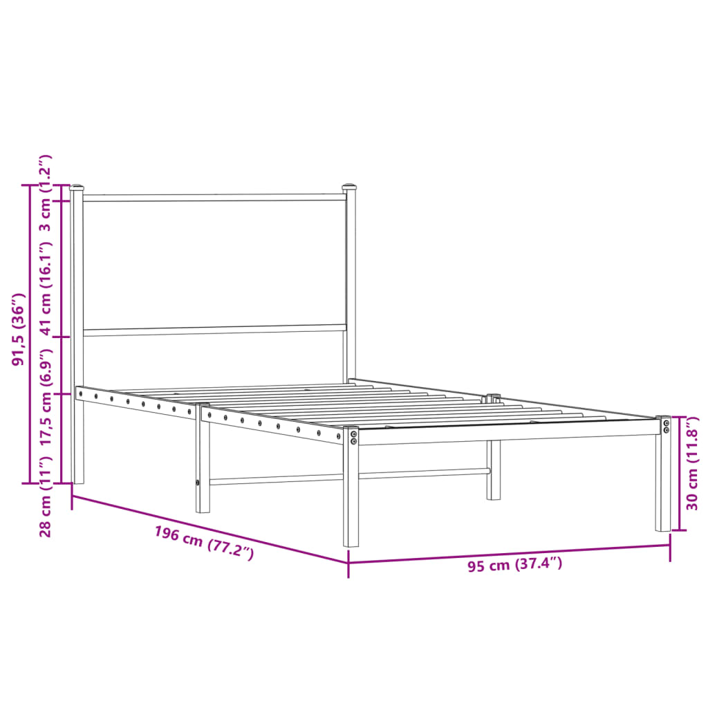 vidaXL Metal Bed Frame without Mattress Sonoma Oak 90x190 cm Single