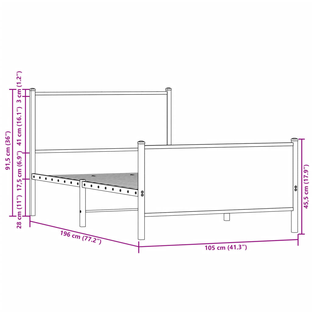 vidaXL Metal Bed Frame without Mattress Sonoma Oak 100x190 cm