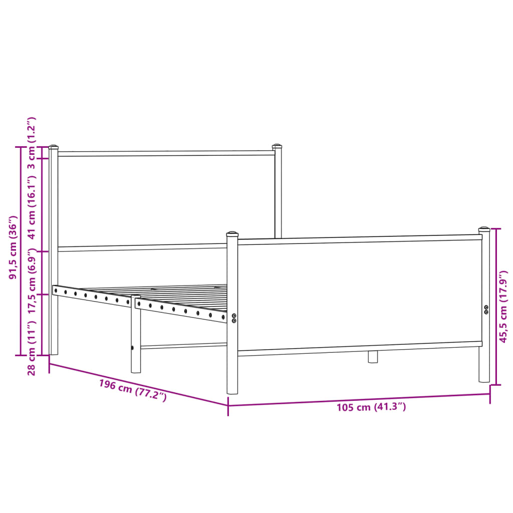 vidaXL Metal Bed Frame without Mattress Brown Oak 100x190 cm