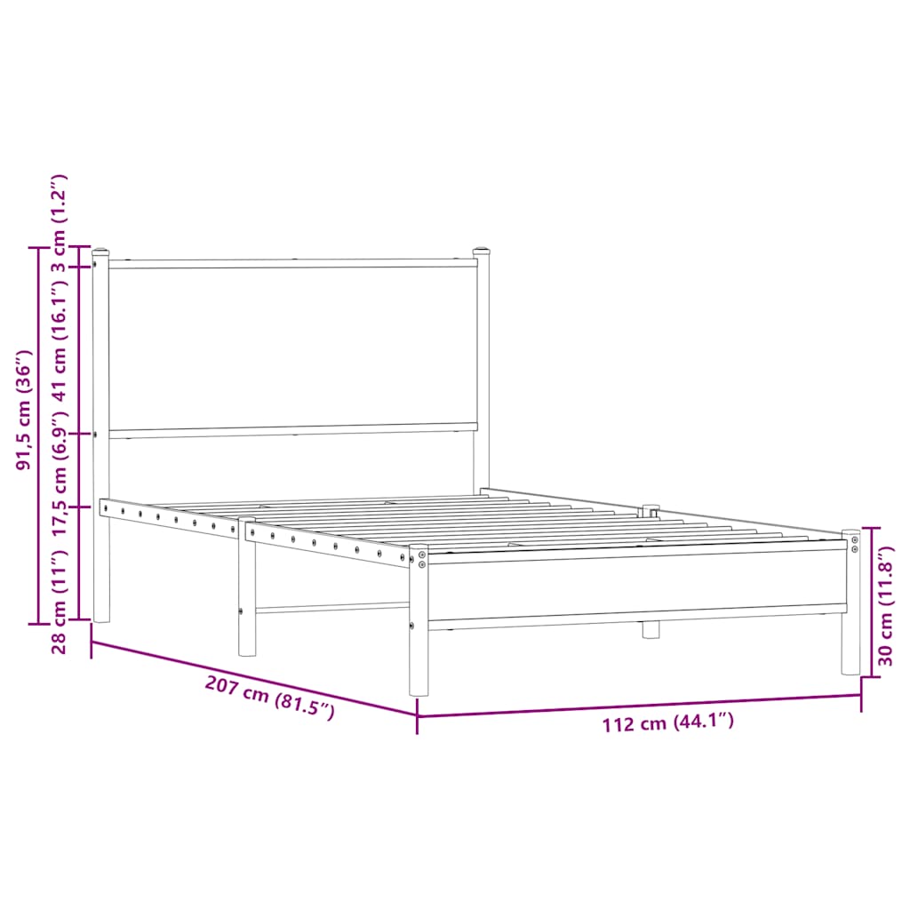 vidaXL Metal Bed Frame without Mattress Sonoma Oak 107x203 cm