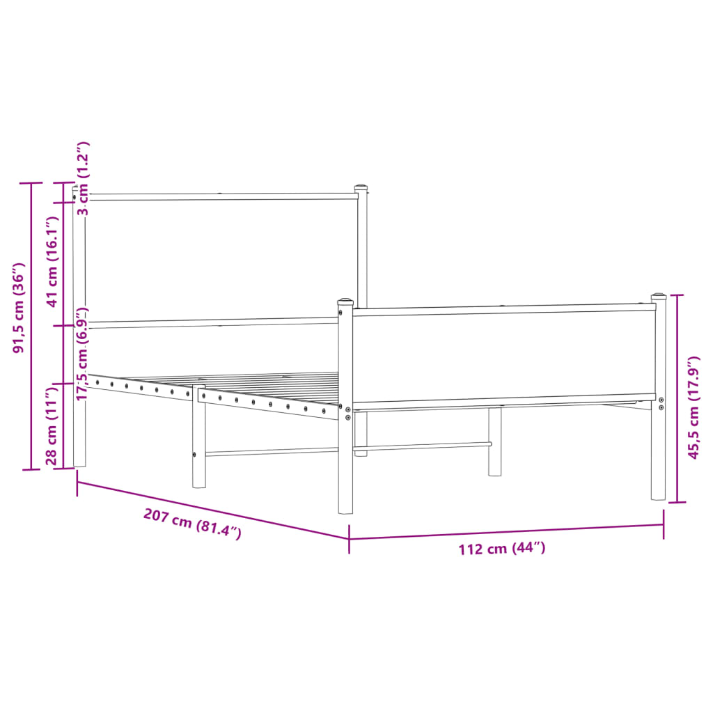 vidaXL Metal Bed Frame without Mattress Sonoma Oak 107x203 cm