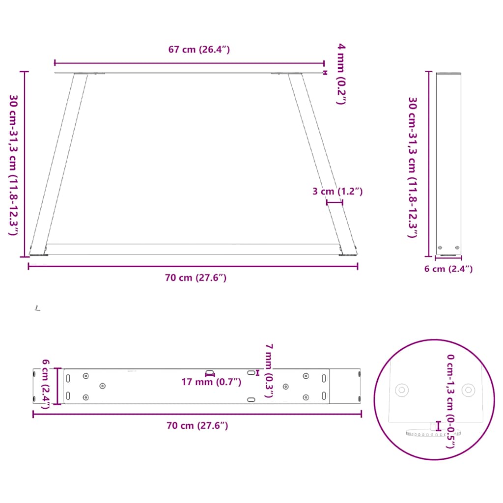 vidaXL Coffee Table Legs V-Shape 2 pcs Black 70x(30-31.3) cm Steel